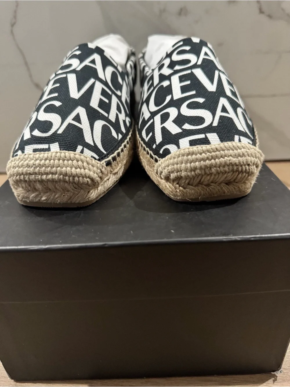 Versace Black and White Logo Espadrille Flats